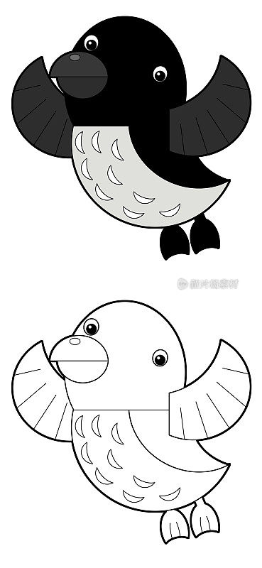 卡通素描场景与飞鸟小大海雀孤立在白色背景插图
