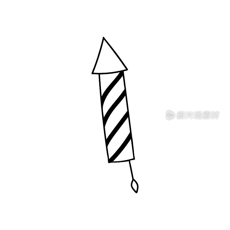 烟花火箭涂鸦插图在矢量。烟花火箭手绘插图。节日庆祝概念与涂鸦火箭的烟花矢量。