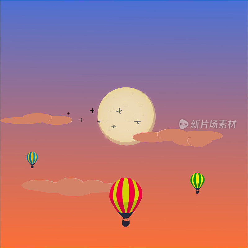 气球的矢量插图背景上的日落和月光在云中飞行