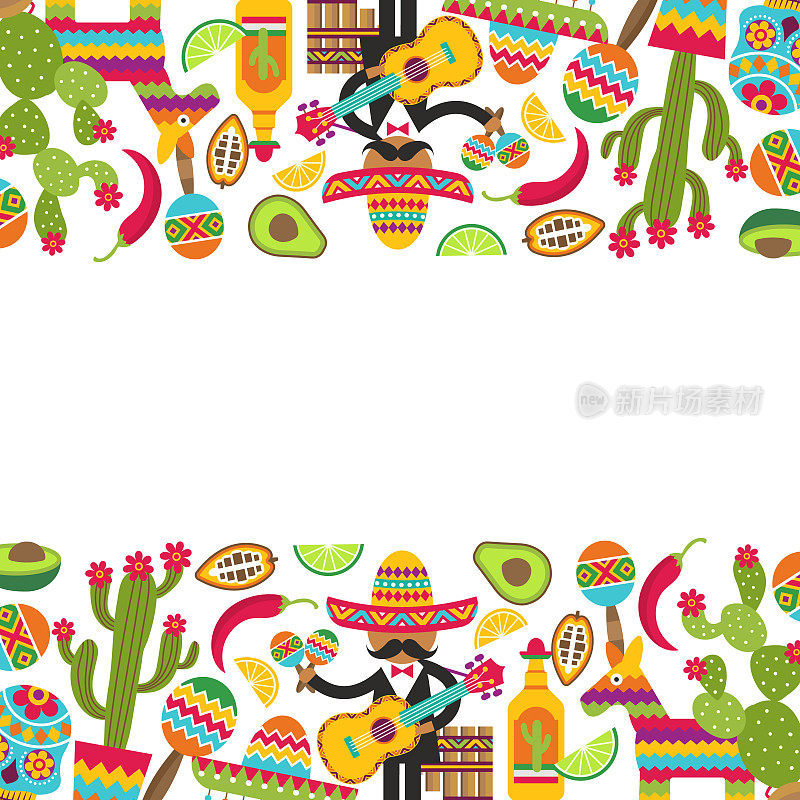 墨西哥的背景。正宗的装饰符号墨西哥宽边帽，吉他，仙人掌和青柠techila。向量模板