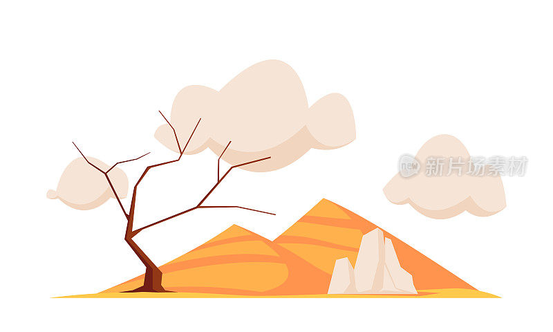 沙漠自然灾害中的沙尘暴。沙尘云下的沙丘和干树，天气环境情况