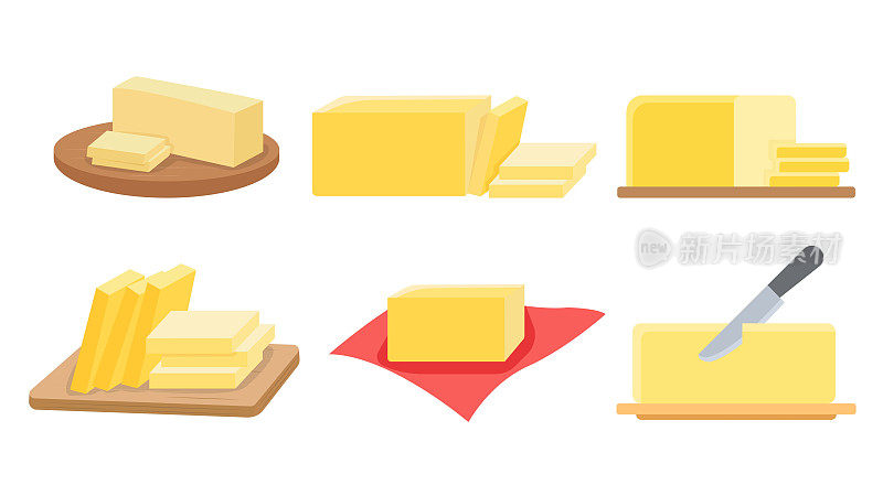 一套卡通风格的黄油。矢量插图自制黄油切成片在板上用刀在白色背景。