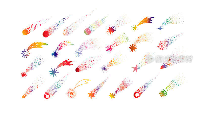 收集彩虹涂鸦彗星，陨石和流星在白色背景。矢量示意图。