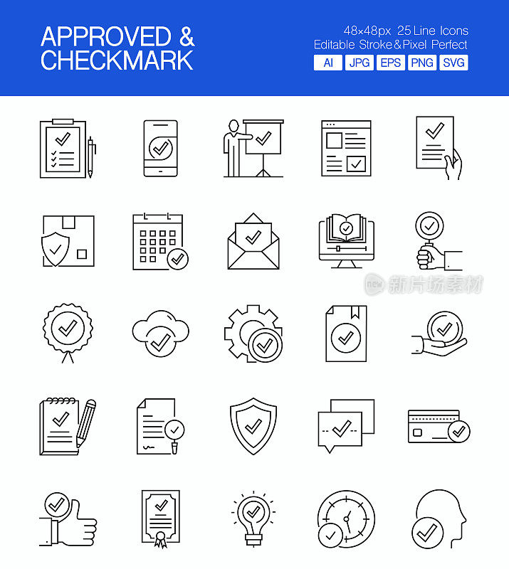 已批准并勾选细线矢量图标集。设计是可编辑的，颜色可以改变。创意图标的矢量集:准确，检查标记，一致性，协议，建议，演讲