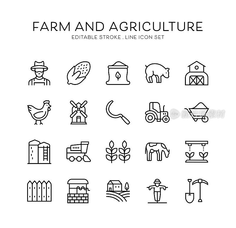 农场和农业，农民，拖拉机，家禽图标。