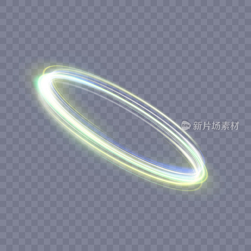 抽象的霓虹绿环。以快速的螺旋运动旋转的明亮的光柱。光旋转。曲线绿线光效果。向量