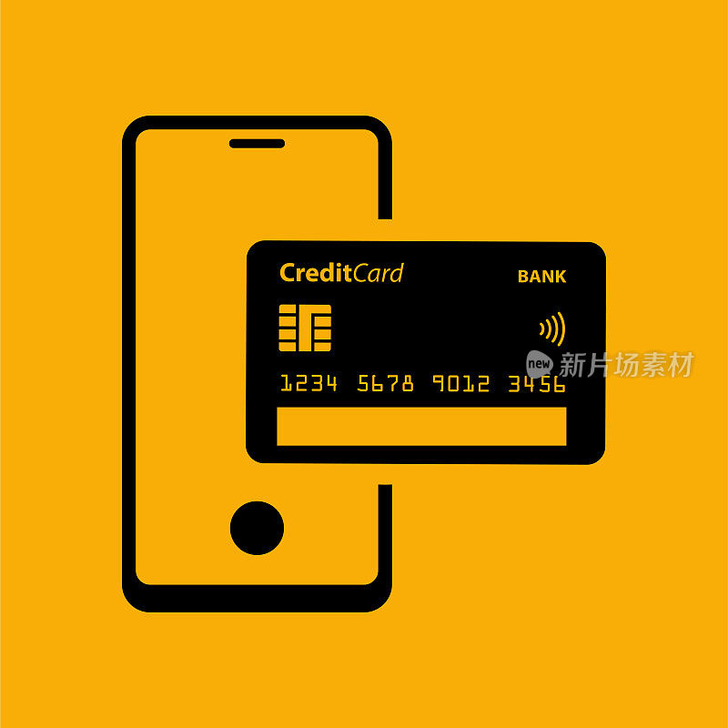 网上购物图标，非接触式支付，智能手机和信用卡。
该图标为黄色背景。