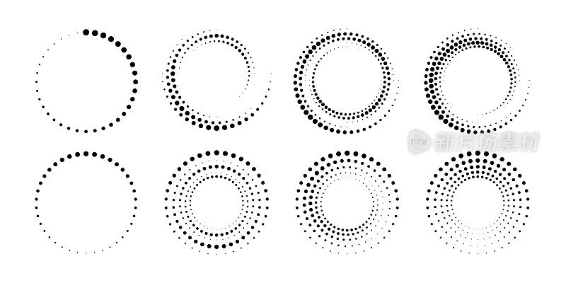 虚线梯度圆。半色调效果圆点框。进度轮装载机。半调圆。矢量插图孤立在白色背景上