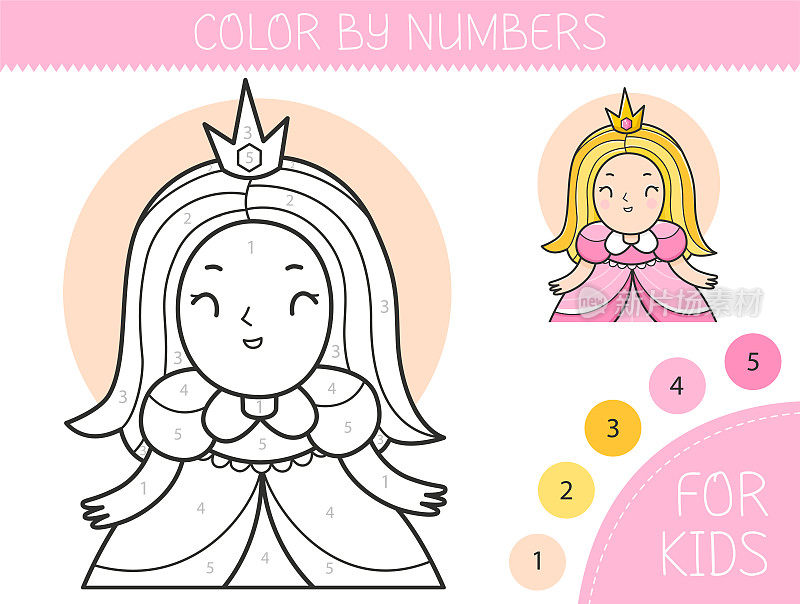 颜色由数字着色页的孩子与公主。填色书与可爱的卡通女孩公主为例填色。单色和彩色版本