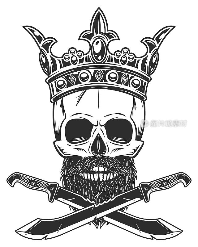 王冠上戴着骷髅，有胡子的皇家国王，交叉砍刀，锋利的刀和缎带。丛林中猎人的近战武器。黑白矢量隔离在白色背景上