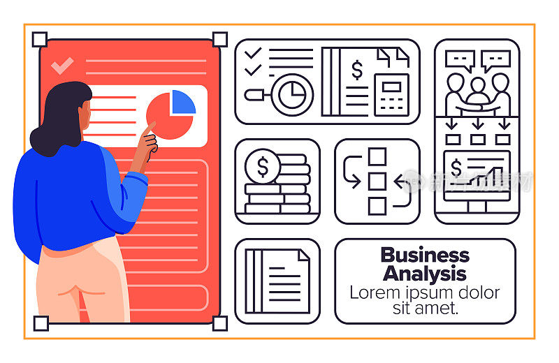 业务分析线图标集的矢量插图。会计，成就，合作，分析。