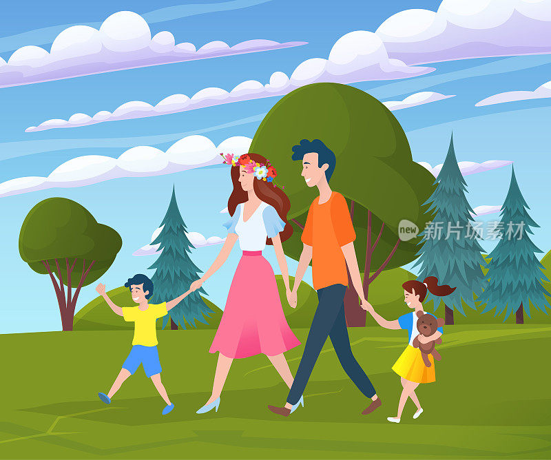父亲、母亲、女儿和儿子在户外散步。快乐的家庭孩子一起在公园度过时光