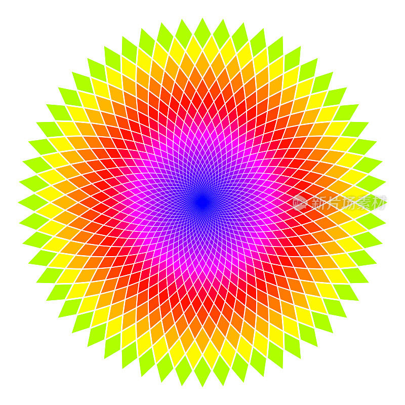 由彩虹色渐变增强的菱形放射状图案，从中心向外辐射。