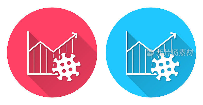 冠状病毒细胞生长图。圆形图标与长阴影在红色或蓝色的背景