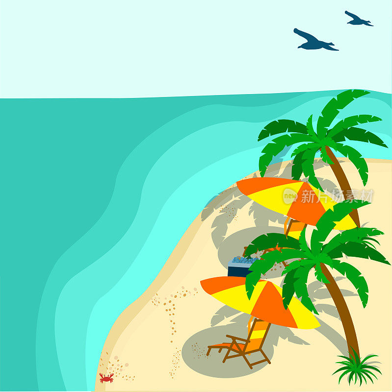 暑假躺椅上的海滩景观美丽的海景旗帜海滨假日矢量插图