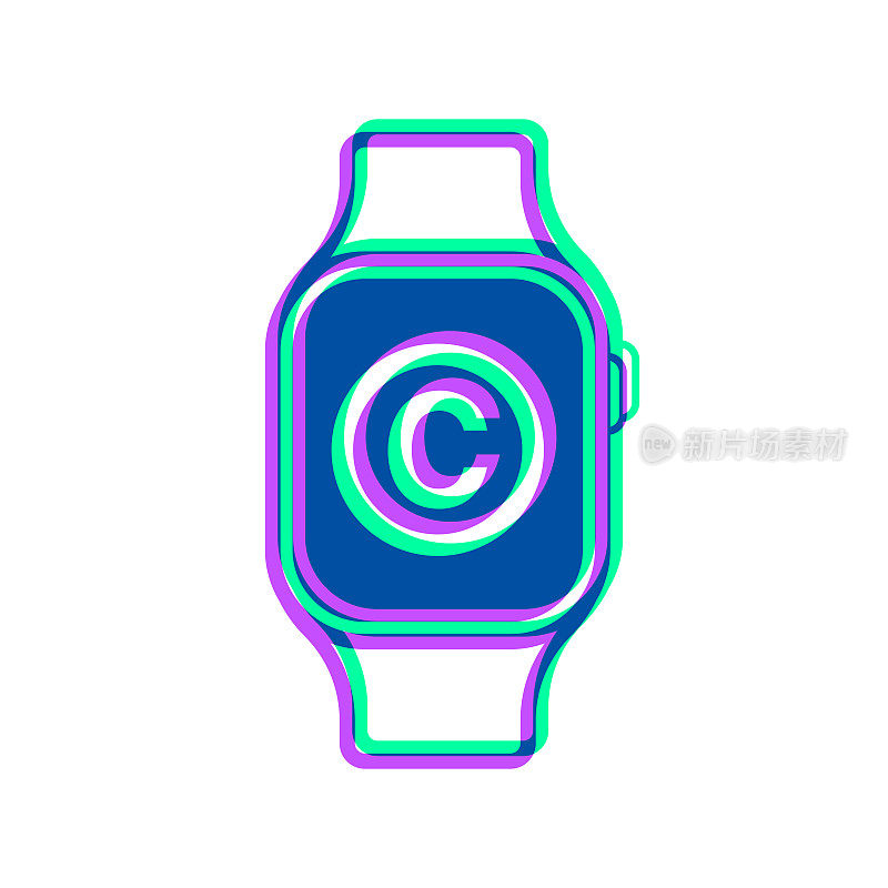 带有版权符号的智能手表。图标与两种颜色叠加在白色背景上