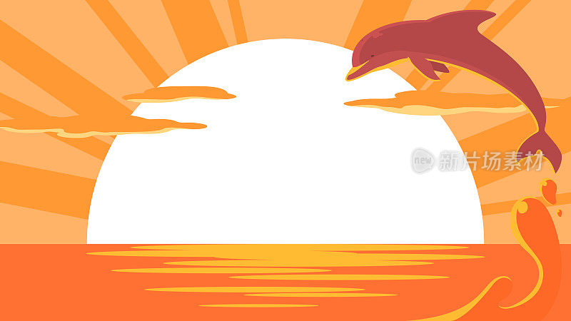 矢量插图的海上日落和海豚。夏季横幅背景与复制空间。