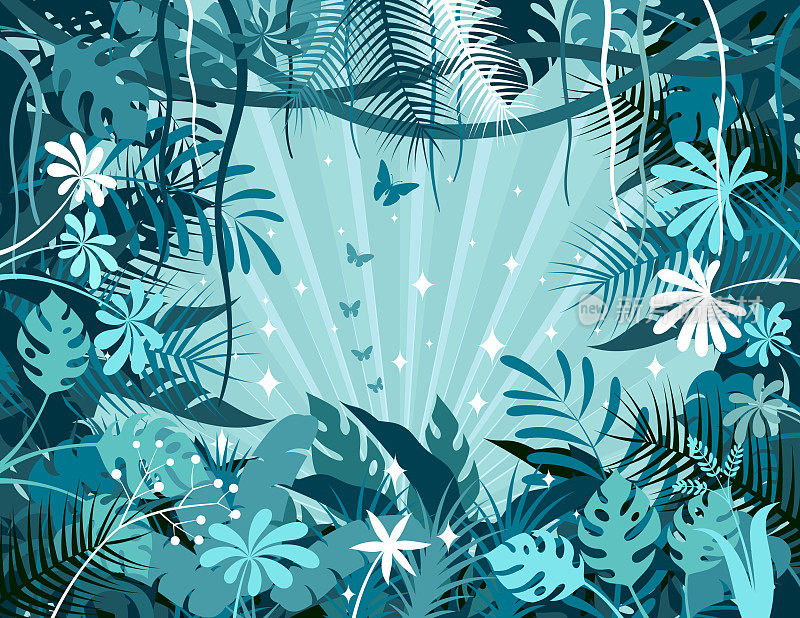 热带雨林背景。丛林框架海报。