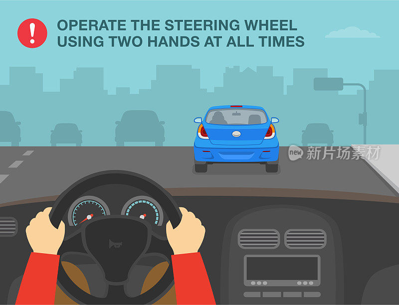 安全驾驶规则和提示。正确的手握方向盘位置。始终用双手操作方向盘。