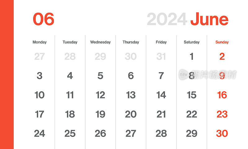 2024年6月-月历。极简风格的景观水平日历2024年。向量模板。这一周从星期一开始