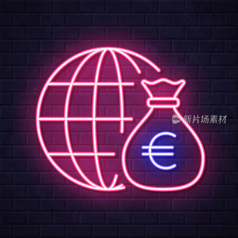 欧元遍布全球。在砖墙背景上发光的霓虹灯图标