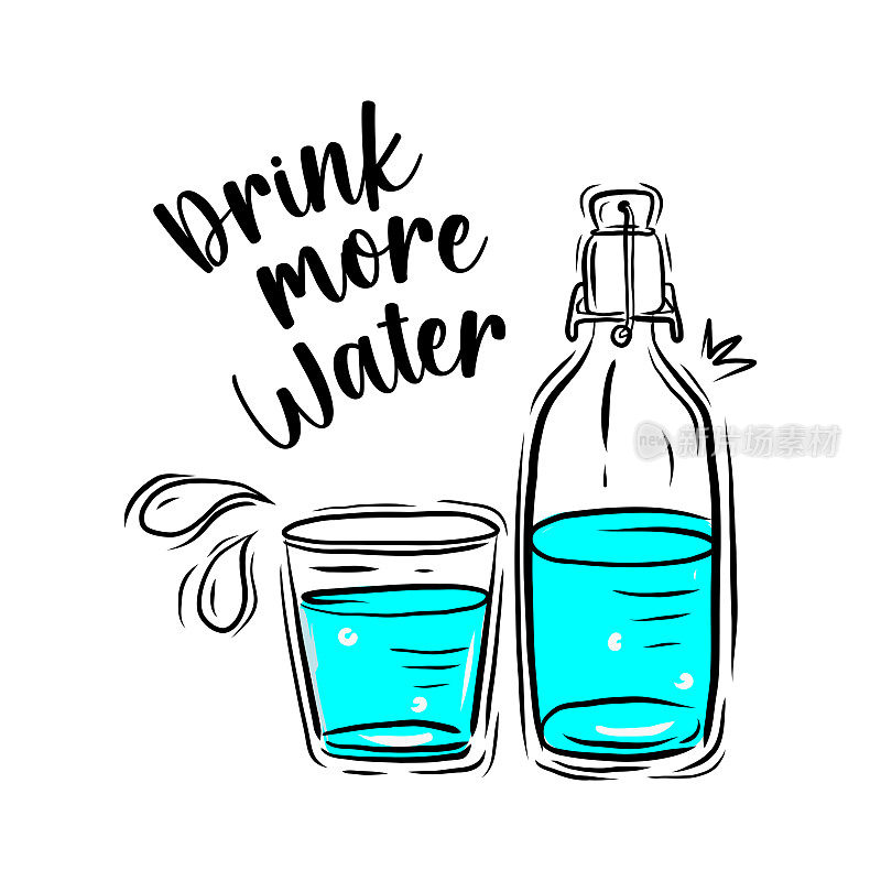 喝更多的水字母矢量插图。手绘的海报,横幅,贺卡,t恤的鼓舞人心的文字。