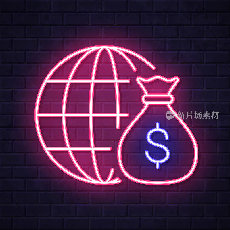 美元在全球流通。在砖墙背景上发光的霓虹灯图标