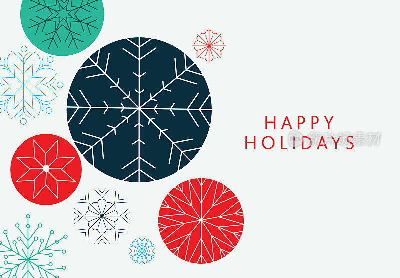 节日快乐问候抽象几何圆形图案贺卡平面设计模板与雪花形状