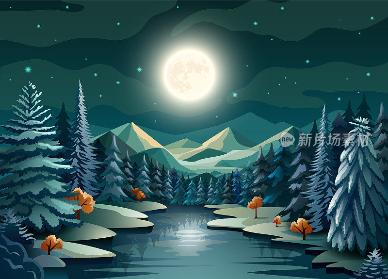 美丽的冬季景观，树木，山脉和月亮在地平线上