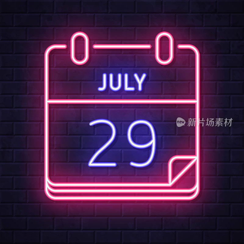 7月29日。在砖墙背景上发光的霓虹灯图标