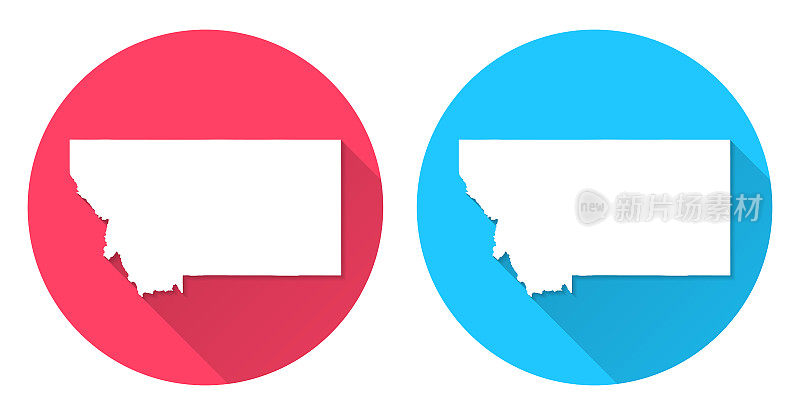 蒙大拿的地图。圆形图标与长阴影在红色或蓝色的背景