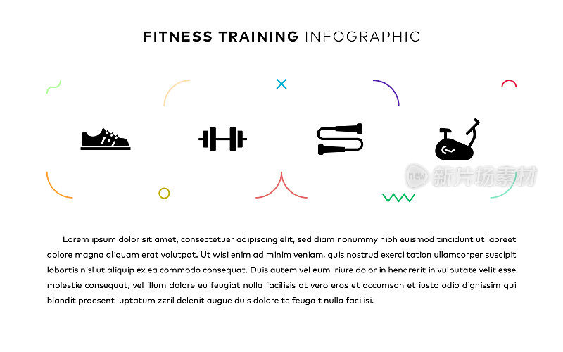 健身训练概念信息图表设计与简单的固体图标。这种信息图表设计适用于网站、演示文稿、杂志和小册子。