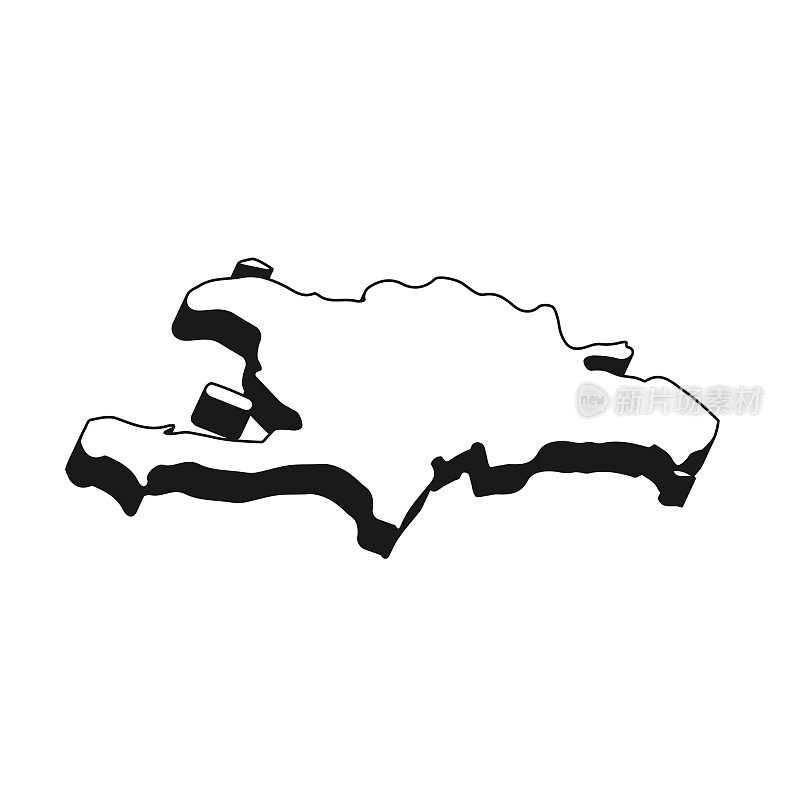 伊斯帕尼奥拉岛地图，黑色轮廓和阴影在白色背景上