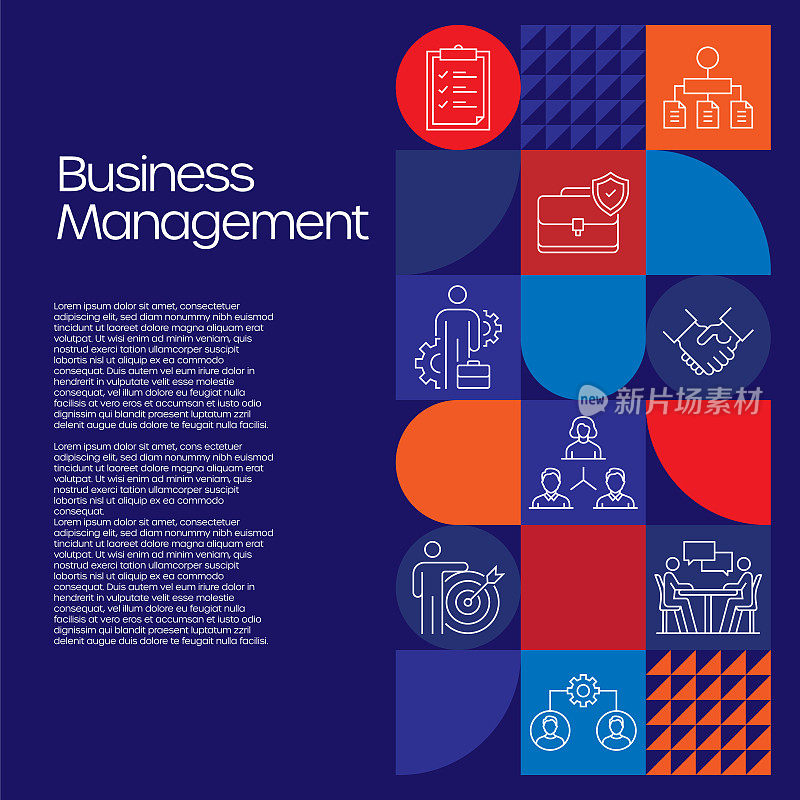 商业管理相关的设计与线图标。简单轮廓符号图标。团队合作，合同，战略，财务，领导力