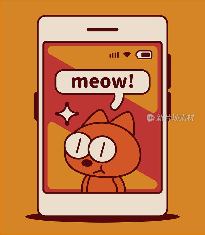 一只古怪而可爱的小猫在智能手机屏幕上打招呼