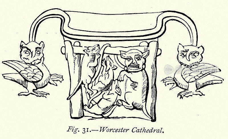 猫头鹰、老鼠、狗之类的动物，伍斯特大教堂教堂摊位上的中世纪木雕