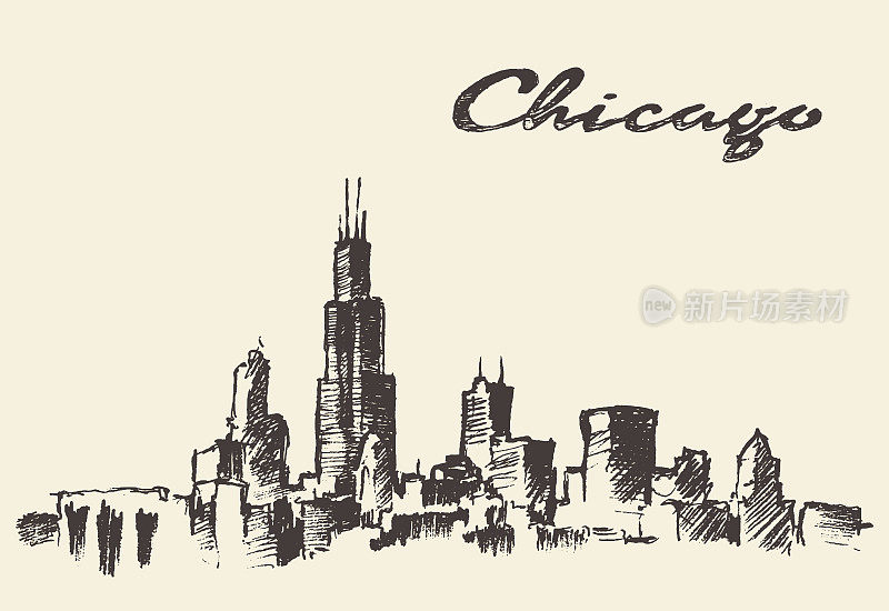 芝加哥天际线vintage插图绘制草图