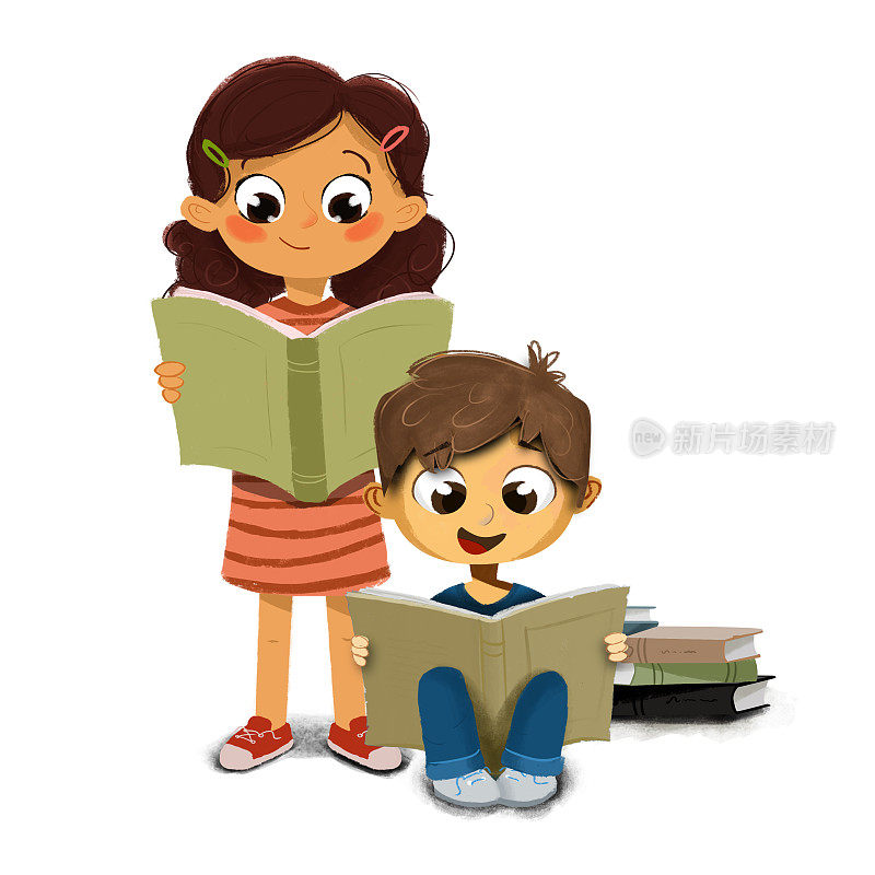 插图一个男孩和女孩读一本书