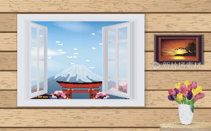 打开木窗，可以看到宝塔和富士山