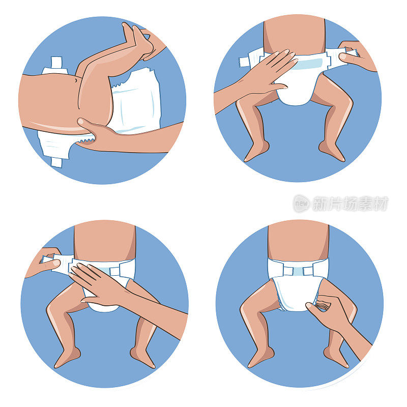 如何穿尿不湿步。简单的手册在插图。