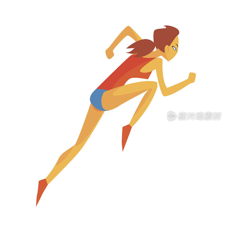 女人加速在比赛开始，女运动员跑在赛道上红色的顶和蓝色的短在比赛插图
