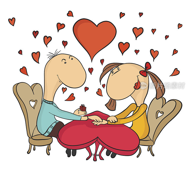 浪漫的约会，两人坐在桌旁。男人把礼物送给了心爱的人。矢量插图，孤立在白色上