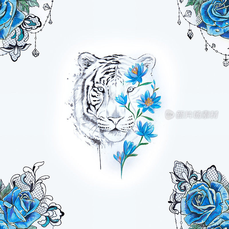 无缝图案虎在花和蓝色玫瑰在白色的背景。