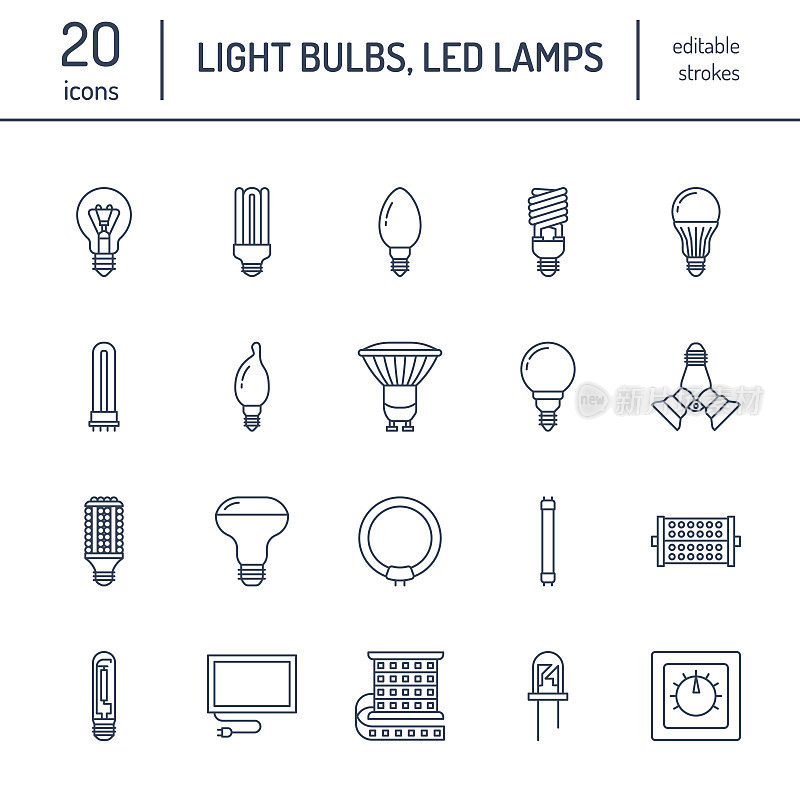 灯泡的平线图标。Led灯有荧光灯、灯丝灯、卤素灯、二极管等照明。细线形标志为理念概念，电器店