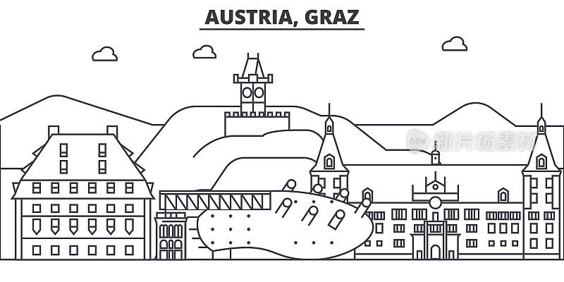 奥地利，格拉茨建筑线天际线插图。线性向量的城市景观与著名的地标，城市景观，设计图标。风景与可编辑的笔触