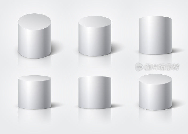 白色现实圆筒，空空如也，孤立讲台。三维几何形状向量集