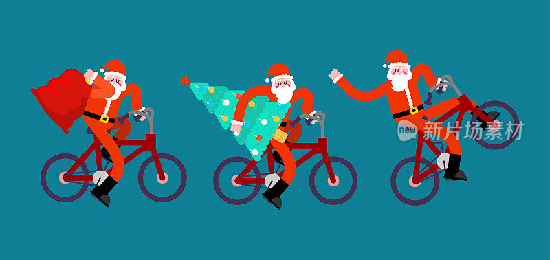 圣诞老人骑自行车。红色的袋子和圣诞树。新年快乐。圣诞BMX矢量插图