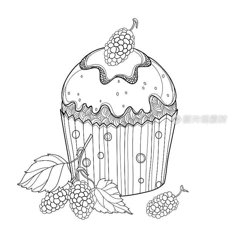 矢量轮廓杯蛋糕与桑葚或桑葚成熟的浆果在黑色孤立在白色的背景。