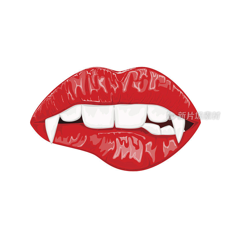 红色的女性嘴唇和吸血鬼的尖牙