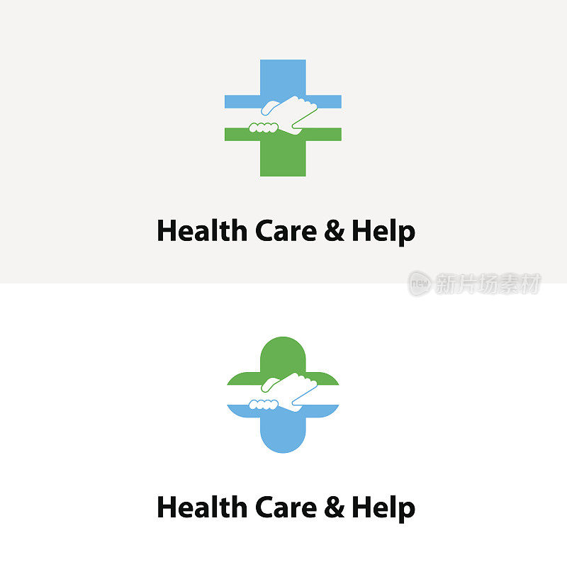 医疗十字图标和手的图标。医疗中心矢量设计模板。跳跃和帮助图标。医疗保健和医疗符号概念。